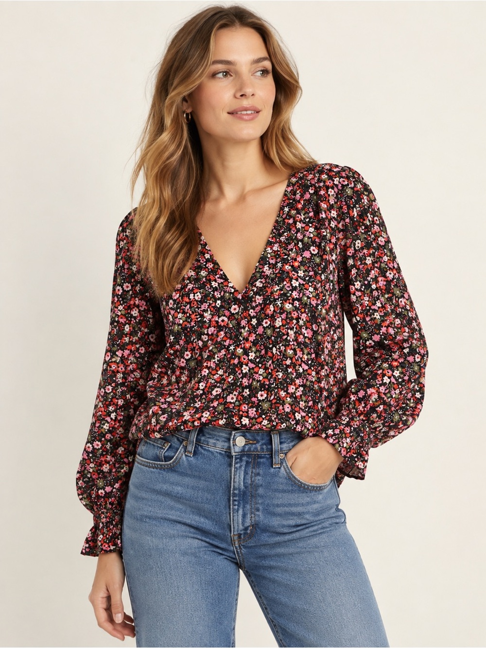 Boden Floral V-Neck Long Sleeve Blouse - Black/Pink NWT Size US 20-22